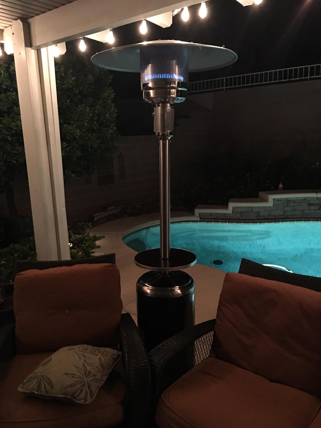 Hiland HLDS01-SSHGT 48,000 BTU Propane Patio Heater with Wheels and Table, Large, Hammered Bronze/SS customer photo 2