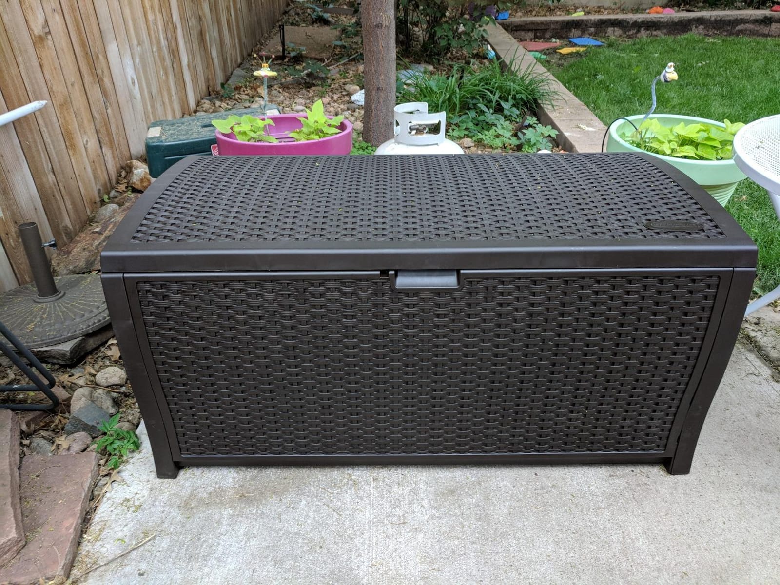 Suncast 99 Gal Wicker Resin Deck Box, Storage Chest Bin with Handles, Java customer photo 1