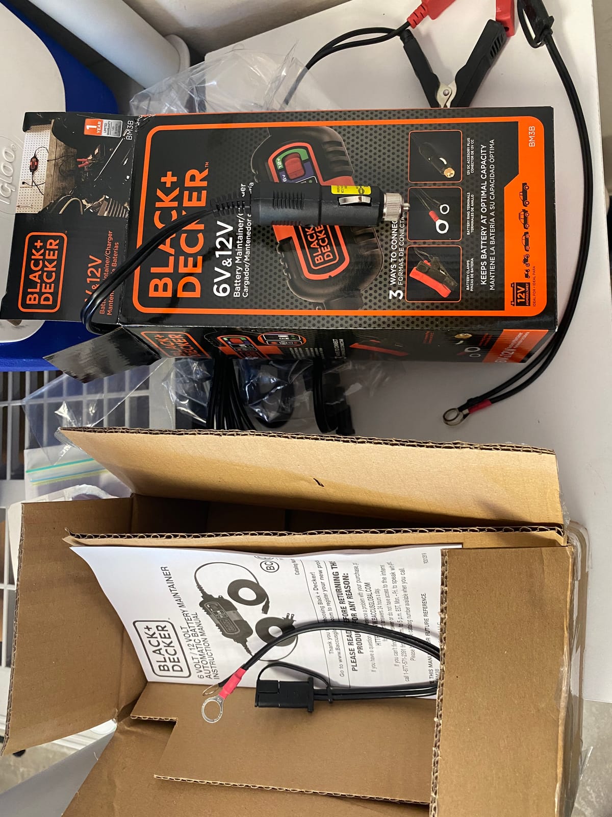 BLACK+DECKER BM3B Fully Automatic 6V/12V Battery Charger/Maintainer with Cable Clamps and O-Ring Terminals, Multi, 1.5 Amp customer photo 1