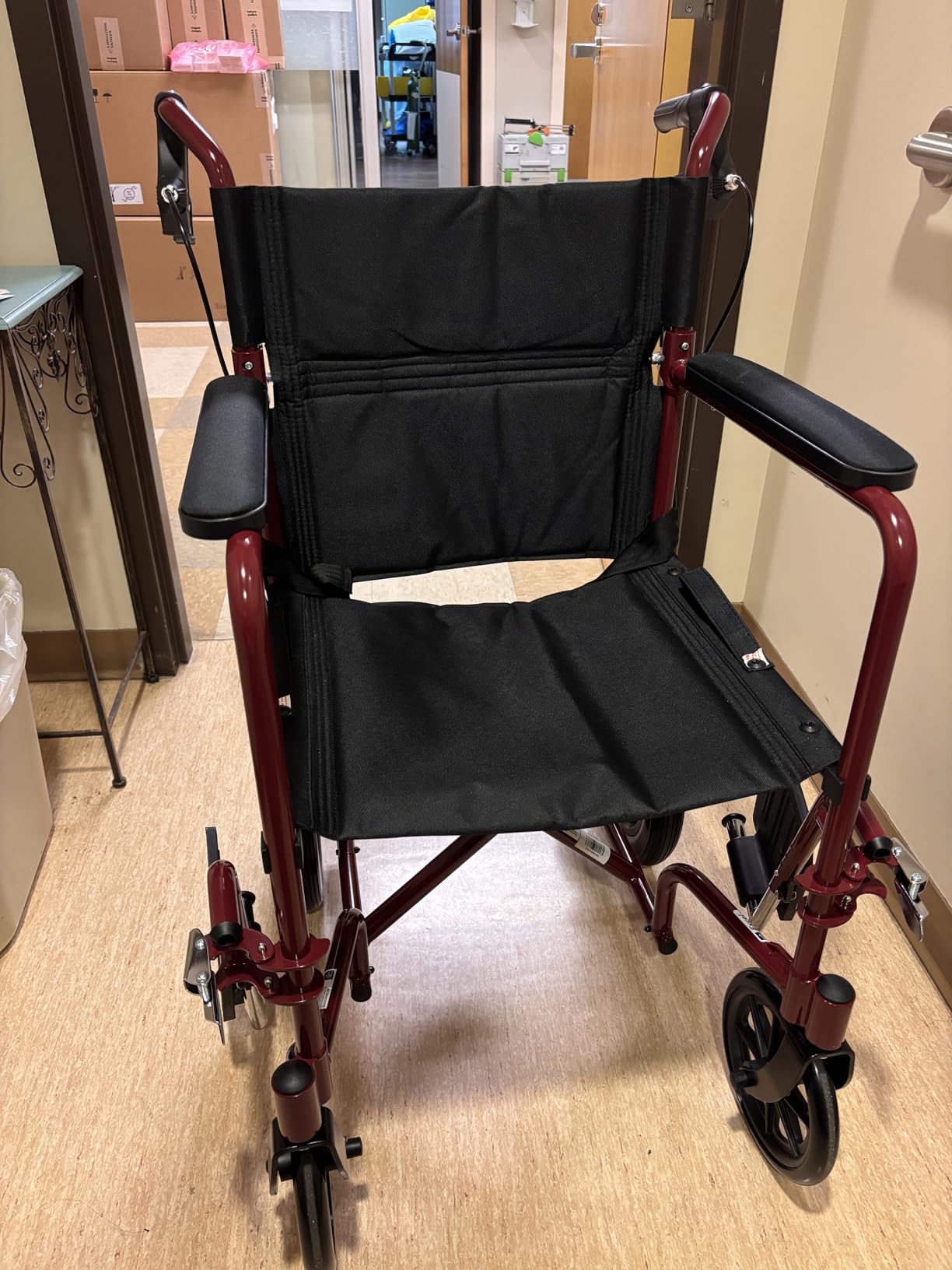 Medline Lightweight Foldable Transport Wheelchair with Handbrakes and 12-Inch Wheels, Blue Frame, Black Upholstery customer photo 2