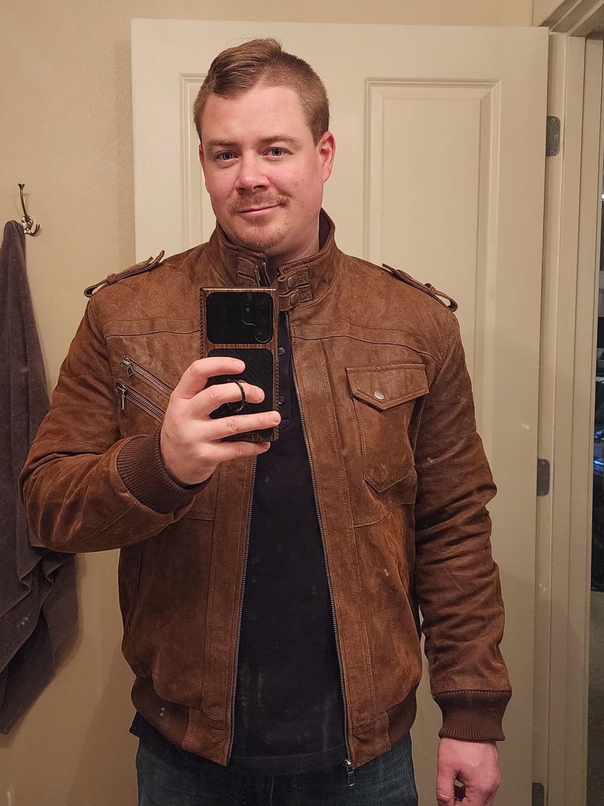FLAVOR Men Brown Leather Motorcycle Jacket with Removable Hood customer photo 2