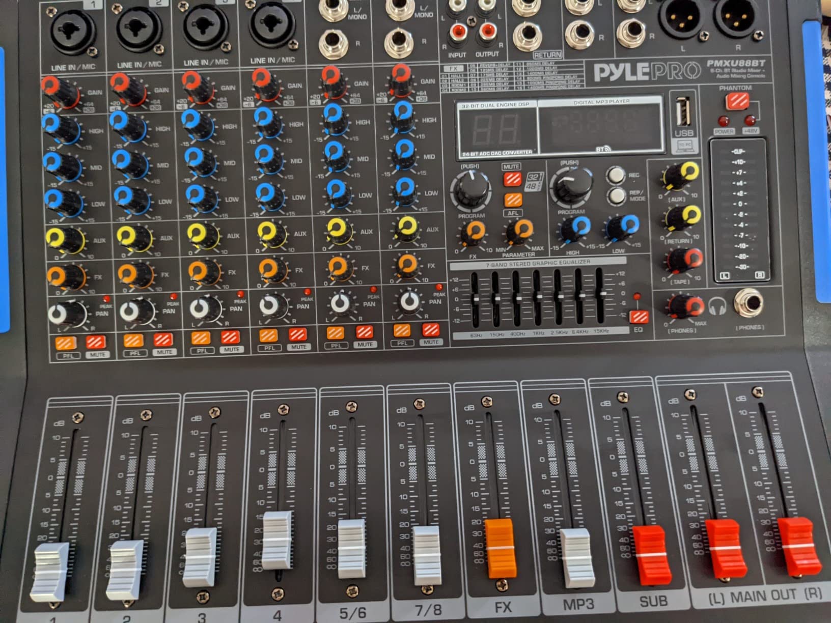 Pyle 8-Channel Console Style Audio Mixer with Bluetooth - DJ Sound Controller, 4 XLR / Combo Inputs, Sub Out, +48V Phantom, USB-A In, 16 DSP Effects, MP3 Player, 7-Band EQ - PMXU88BT customer photo 2