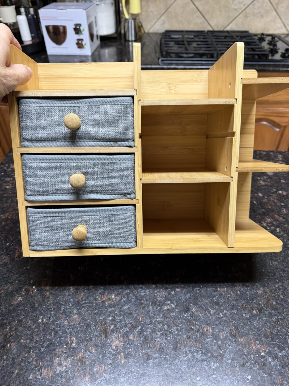 Large Makeup Organizer For Vanity, Large Capacity 3 Tiers Bamboo Bathroom Counter Organizers and Storage, Countertop Makeup Brush Holder, Nail Polish Perfume Stand with 3 Drawers and 10 Compartments customer photo 2