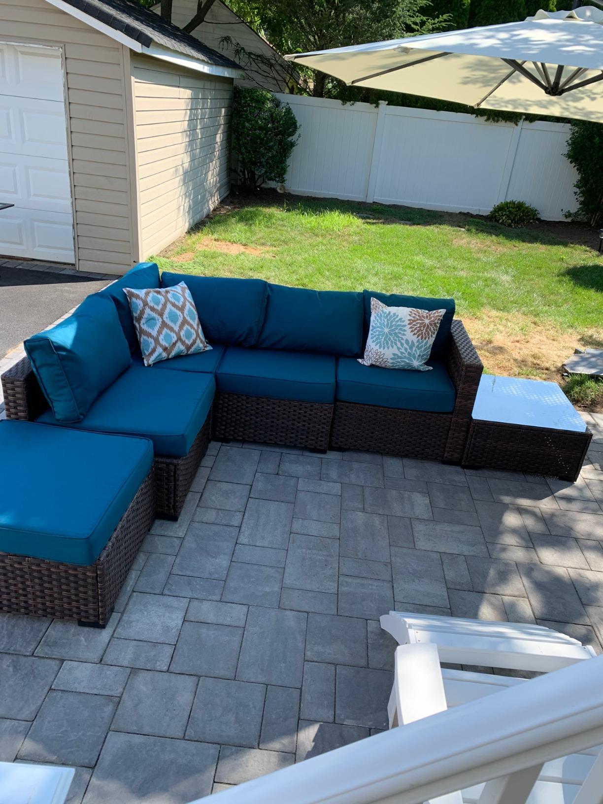 WAROOM Outdoor Patio Furniture Set 7 Pieces Wicker Sectional Sofa Brown Rattan Conversation Couch with Coffee Table, Anti-Slip Thick Nave Blue Cushion customer photo 1
