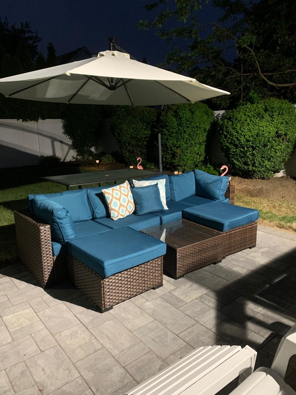 WAROOM Outdoor Patio Furniture Set 7 Pieces Wicker Sectional Sofa Brown Rattan Conversation Couch with Coffee Table, Anti-Slip Thick Nave Blue Cushion customer photo 2