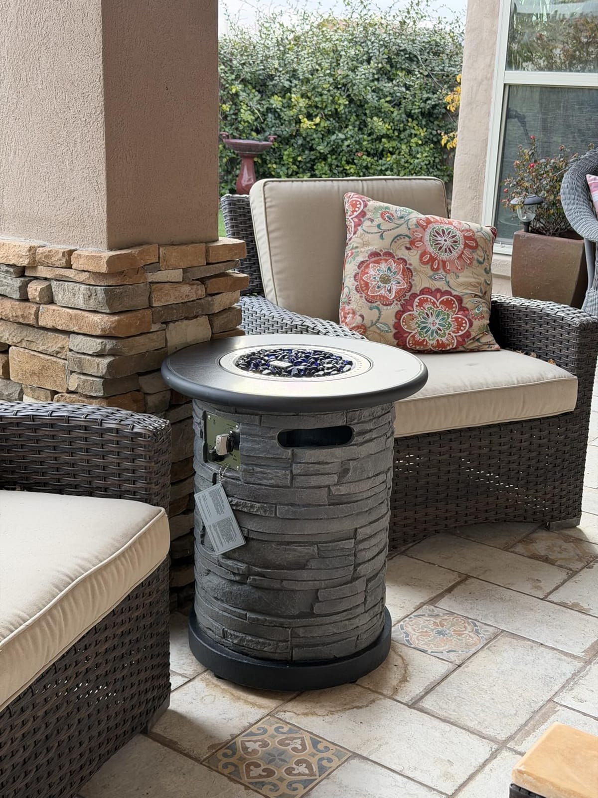 BAIDE HOME Outdoor Propane Fire Pit Table, Round Porcelain Tile Top 22
