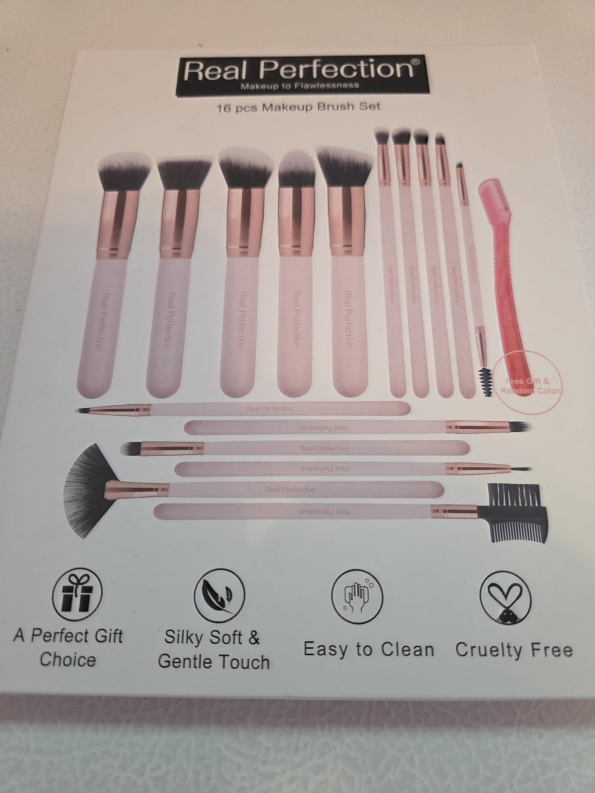 Real Perfection Makeup Brush Set 16 Pcs with 1 Eyebrow Razor Premium Synthetic Foundation Powder Concealers Eyeshadow Blush Makeup Brushes Make up Brushes Kit (Pink) customer photo 2