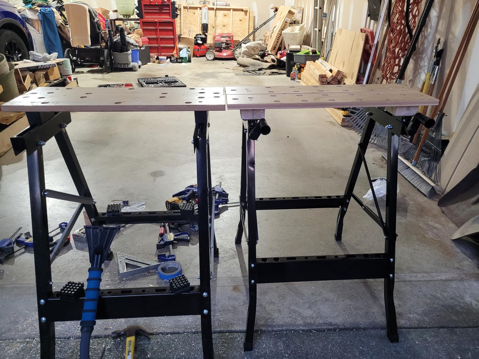 POWERTEC Portable Small Workbench with Vise, Imprinted Ruler and Protractor Scale, Folding Sawhorse/Worktable and 4 Bench Dogs for Woodworking Projects (MT4006V) customer photo 1