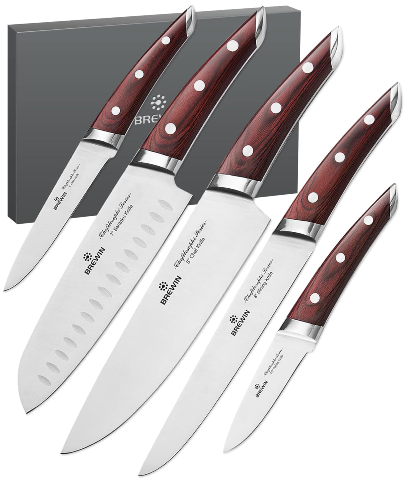 Brewin CHEFILOSOPHI Japanese Chef Knife Set 5 PCS with Elegant Red Pakkawood Handle Ergonomic Design,Professional Ultra Sharp Kitchen Knives for Cooking High Carbon Stainless Steel customer photo 2