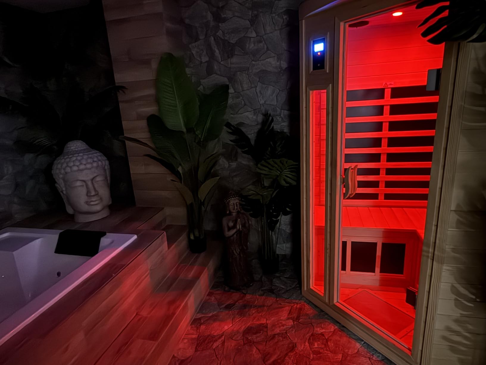 Far Infrared Wooden Sauna Room, 2-3 Person Home Sauna Canadian Hemlock Indoor Corner Sauna Spa, 2 Bluetooth Speakers, 2 LED Reading Lamp, 3 Chromotherapy Lights customer photo 2