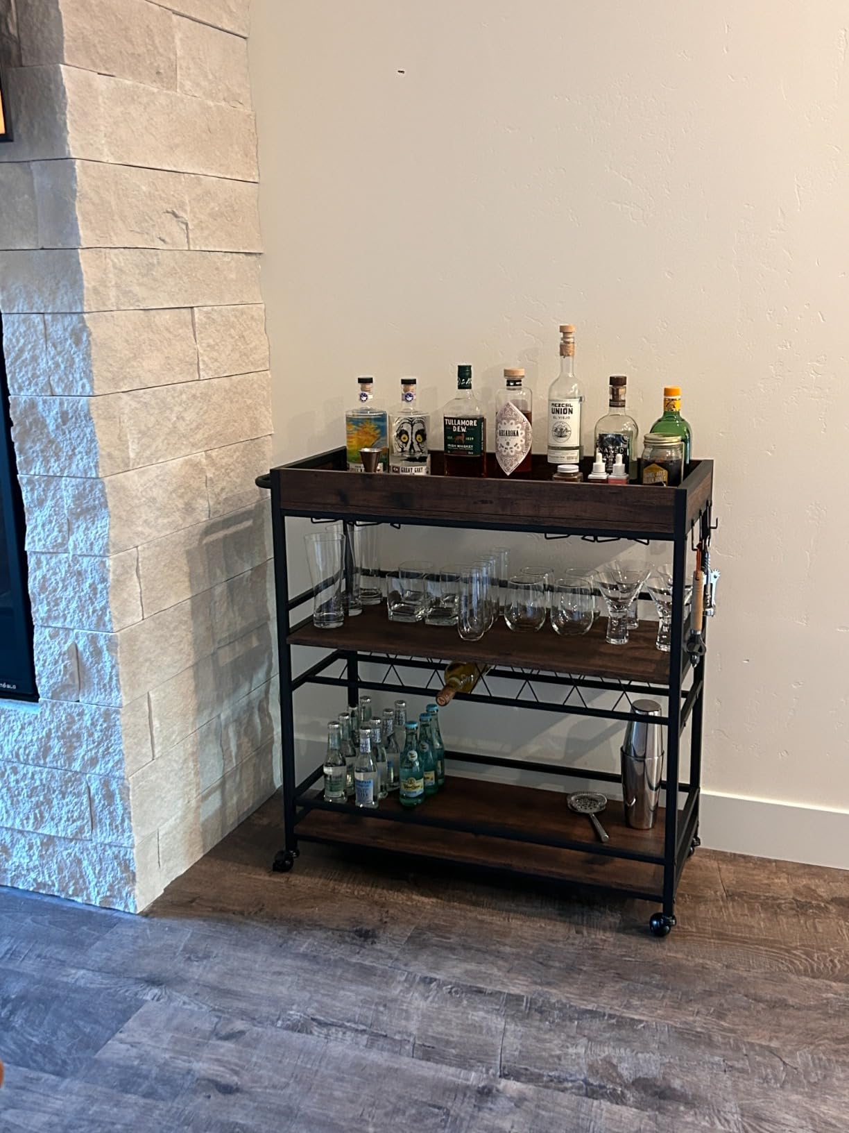 BON AUGURE Bar Cart for The Home, Bar Serving Carts on Wheels, 3 Tier Storage Drink Trolley, Rolling Wood and Metal Liquor Beverage Cart (Vintage Oak) customer photo 1