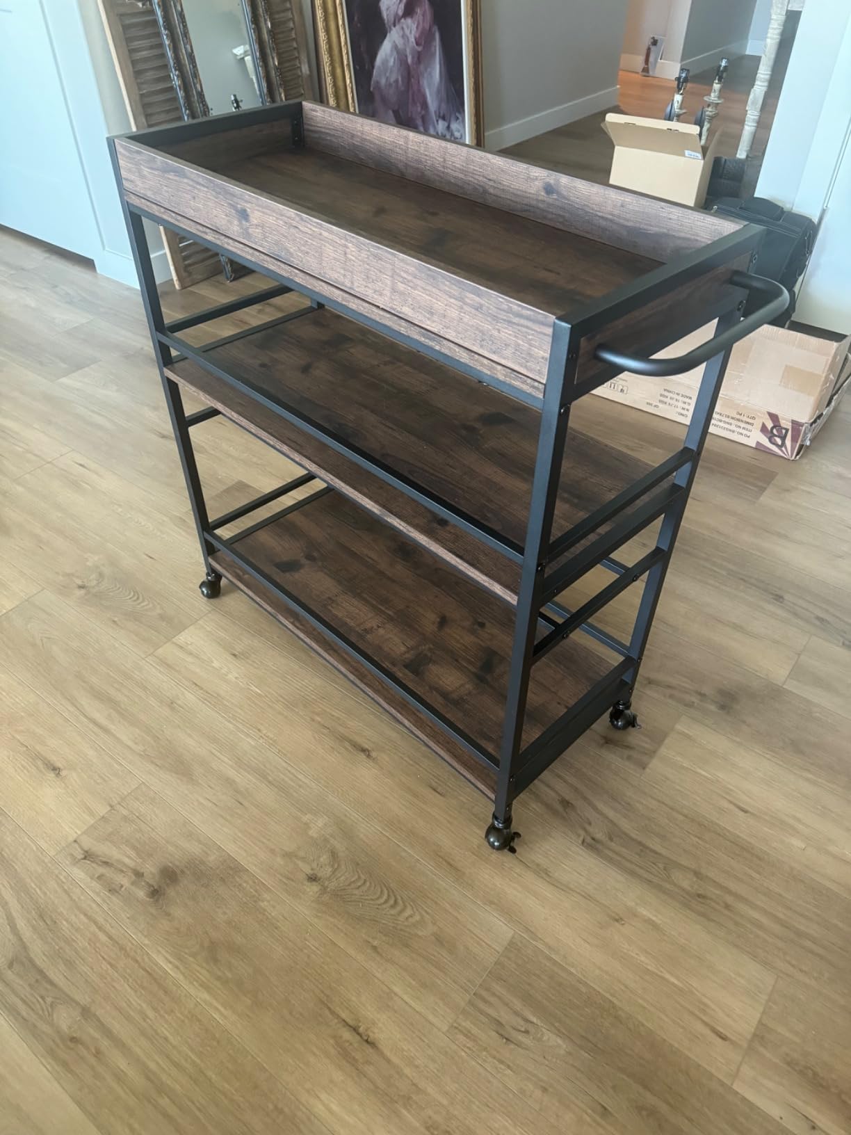 BON AUGURE Bar Cart for The Home, Bar Serving Carts on Wheels, 3 Tier Storage Drink Trolley, Rolling Wood and Metal Liquor Beverage Cart (Vintage Oak) customer photo 2