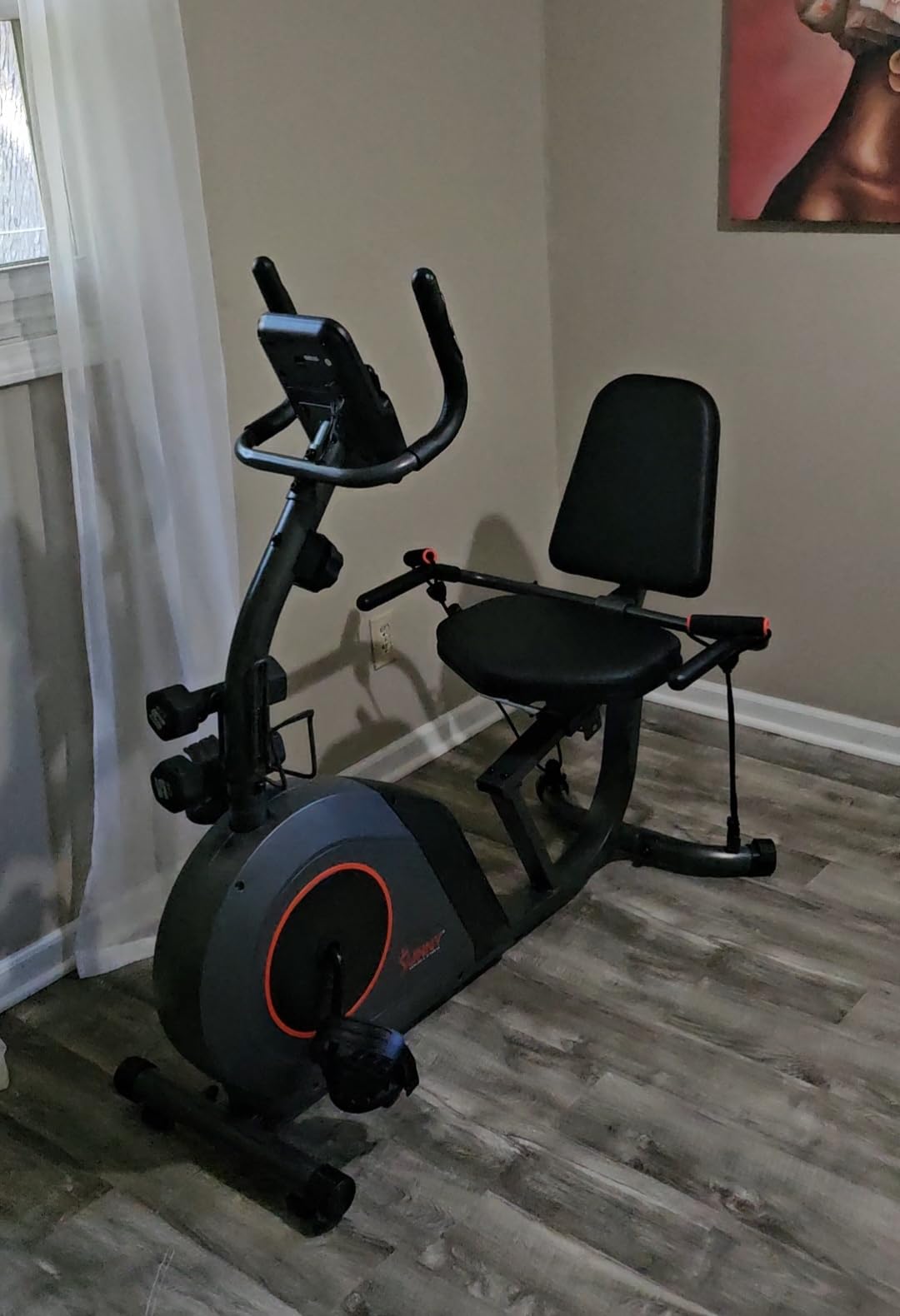 Sunny Health & Fitness Smart Recumbent Bike, Wide Cushioned Seat & Back, Indoor Cycling Machine for Adult/Seniors Home Exercise, Free SunnyFit App Connection customer photo 1