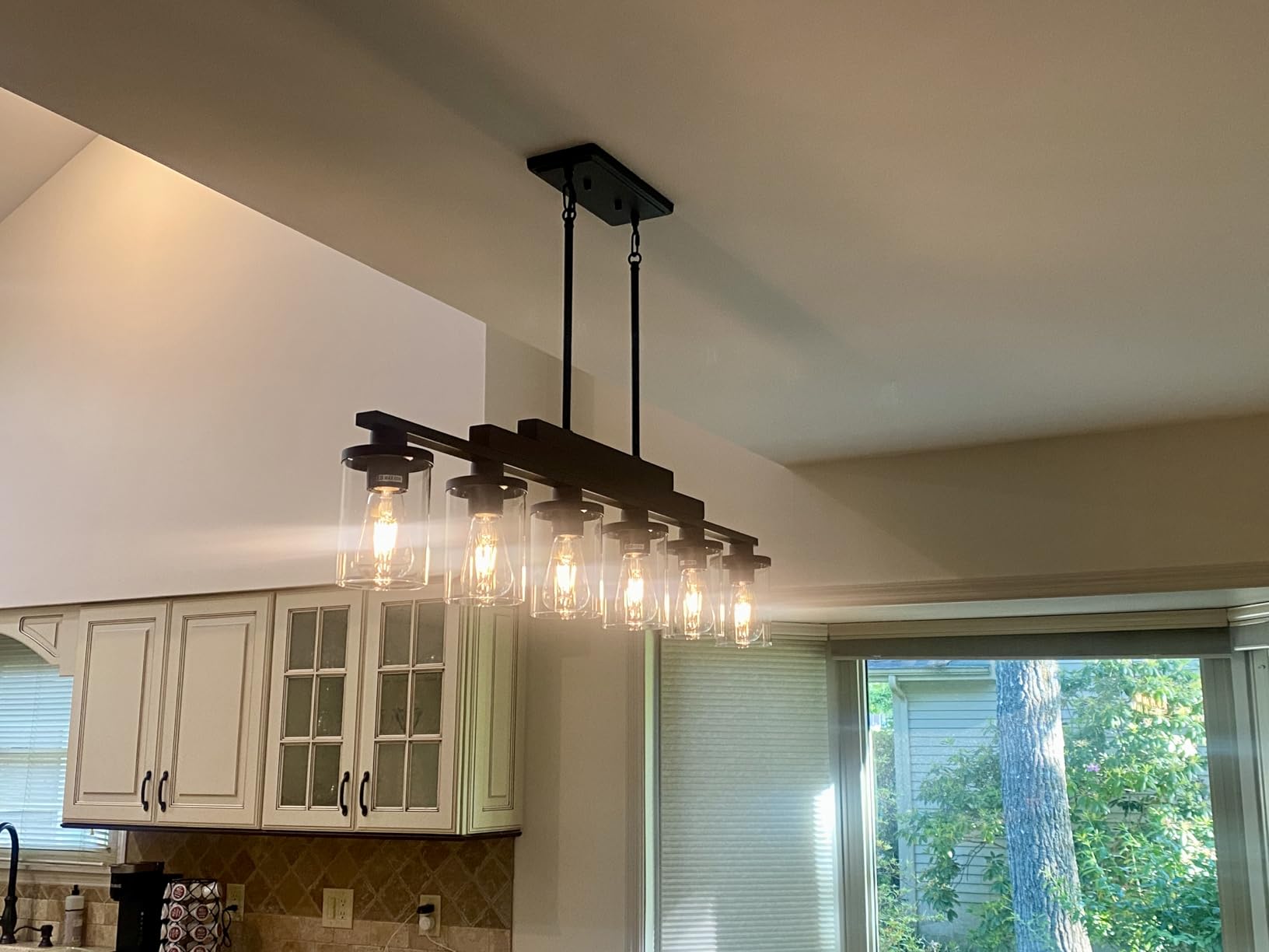 Wood Kitchen Island Lighting,4-Light Farmhouse Dining Room Light Fixture Matte Black Modern Chandeliers for Dining Room Over Table Hanging Pendant Light with Glass Shade for Bar Restaurant customer photo 1