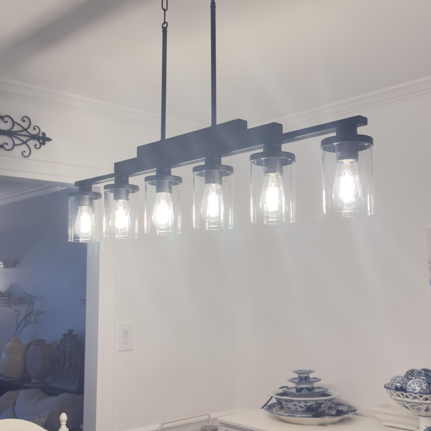 Wood Kitchen Island Lighting,4-Light Farmhouse Dining Room Light Fixture Matte Black Modern Chandeliers for Dining Room Over Table Hanging Pendant Light with Glass Shade for Bar Restaurant customer photo 2