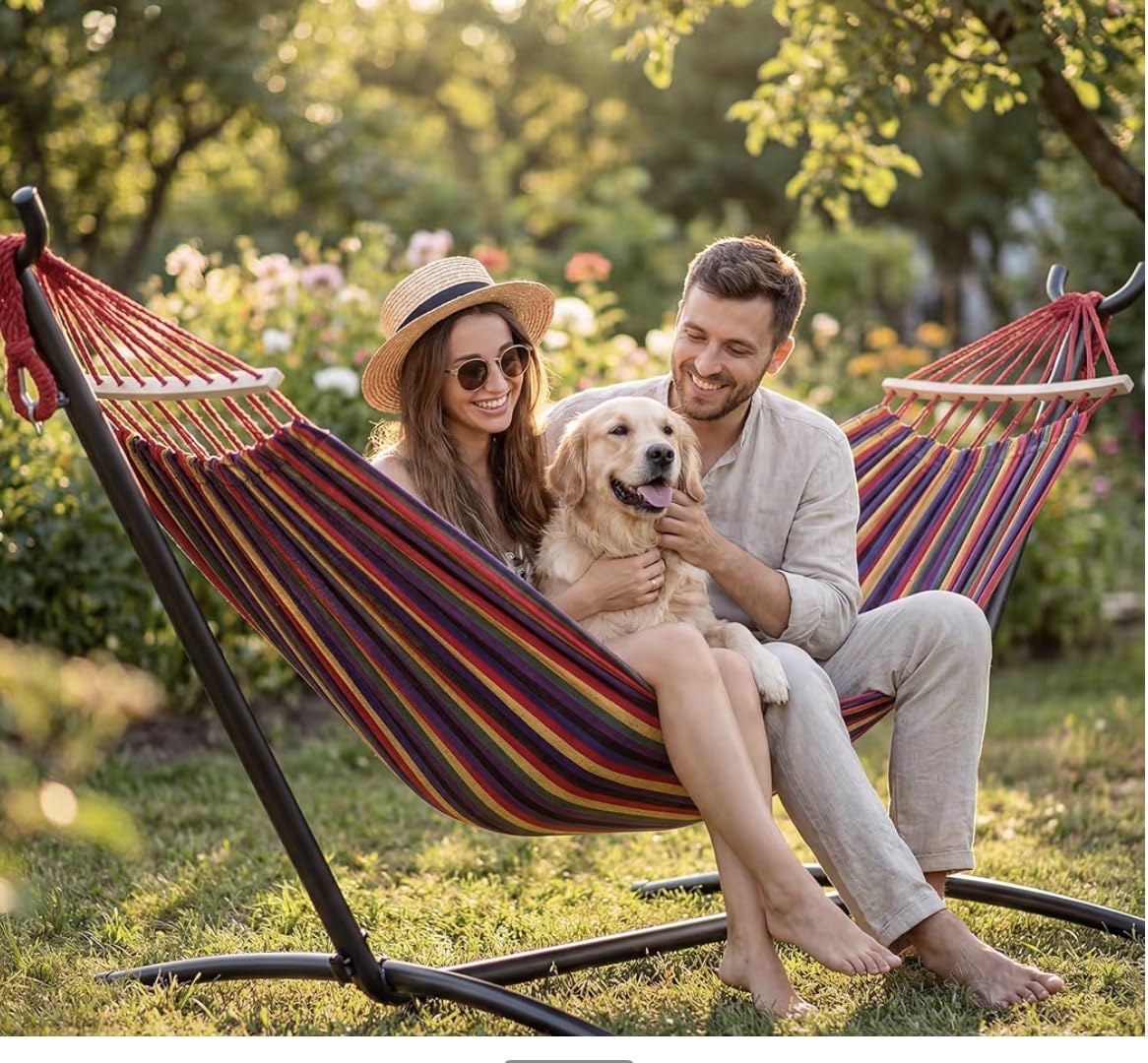 Everyfun Double Hammock with Stand for 2 Person, 600 lb Capacity, Rainbow customer photo 2
