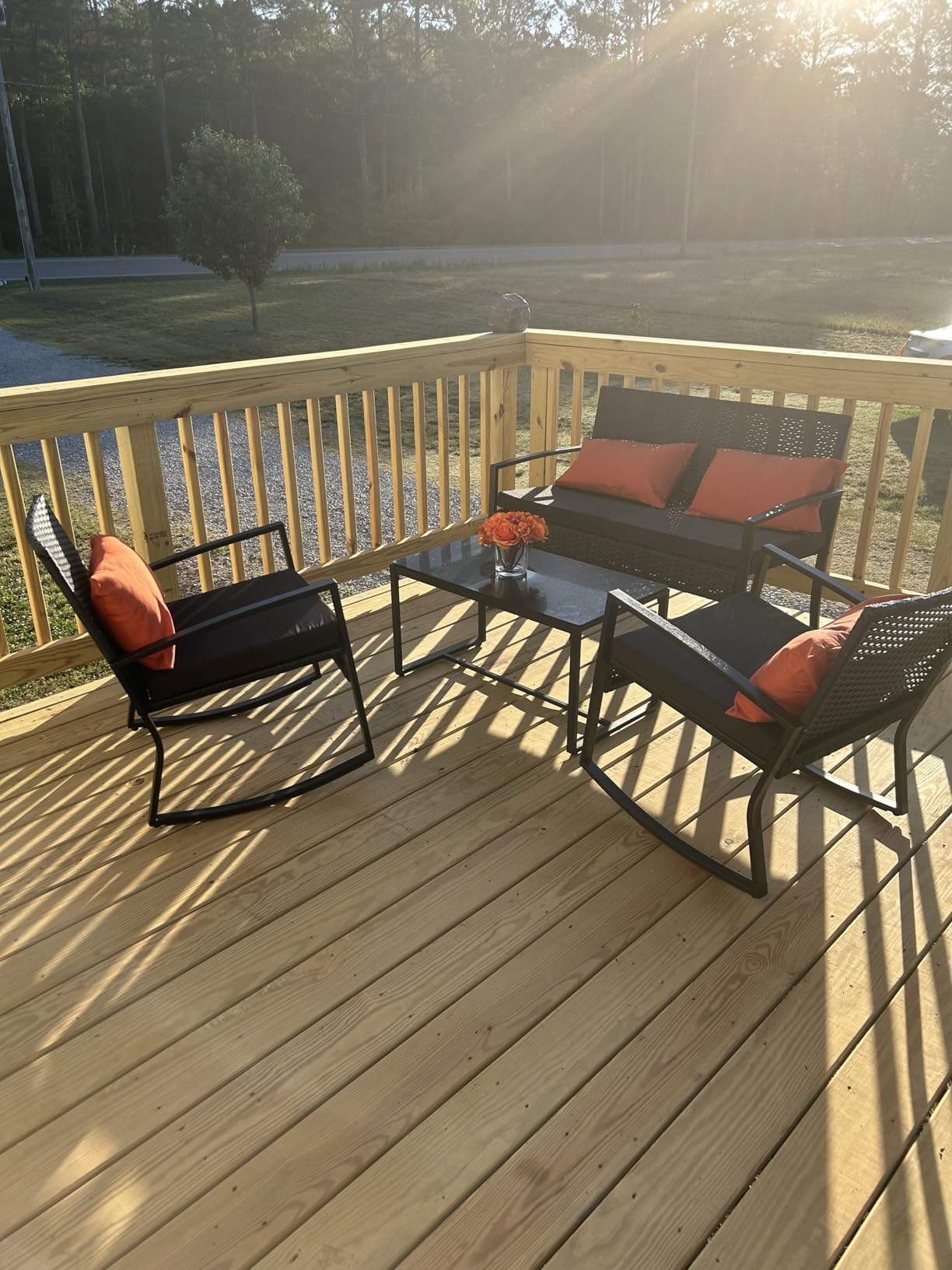 Ahomly 4 Piece Outdoor Patio Furniture Set, Wicker Patio Furniture with Glass Coffee Table, Rocking Wicker Bistro Set, for Backyard, Poolside, Porch (Grey) customer photo 1