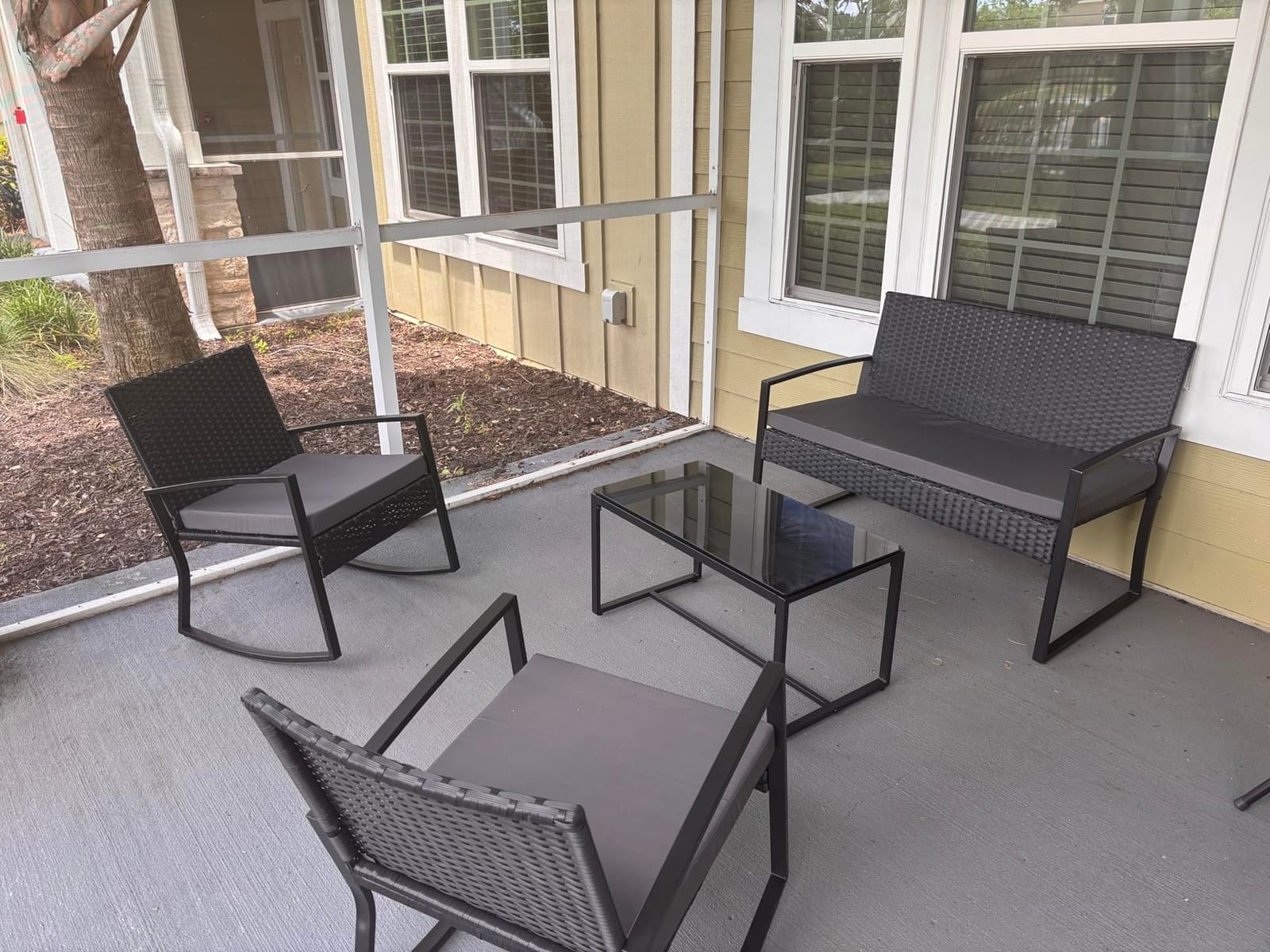 Ahomly 4 Piece Outdoor Patio Furniture Set, Wicker Patio Furniture with Glass Coffee Table, Rocking Wicker Bistro Set, for Backyard, Poolside, Porch (Grey) customer photo 2