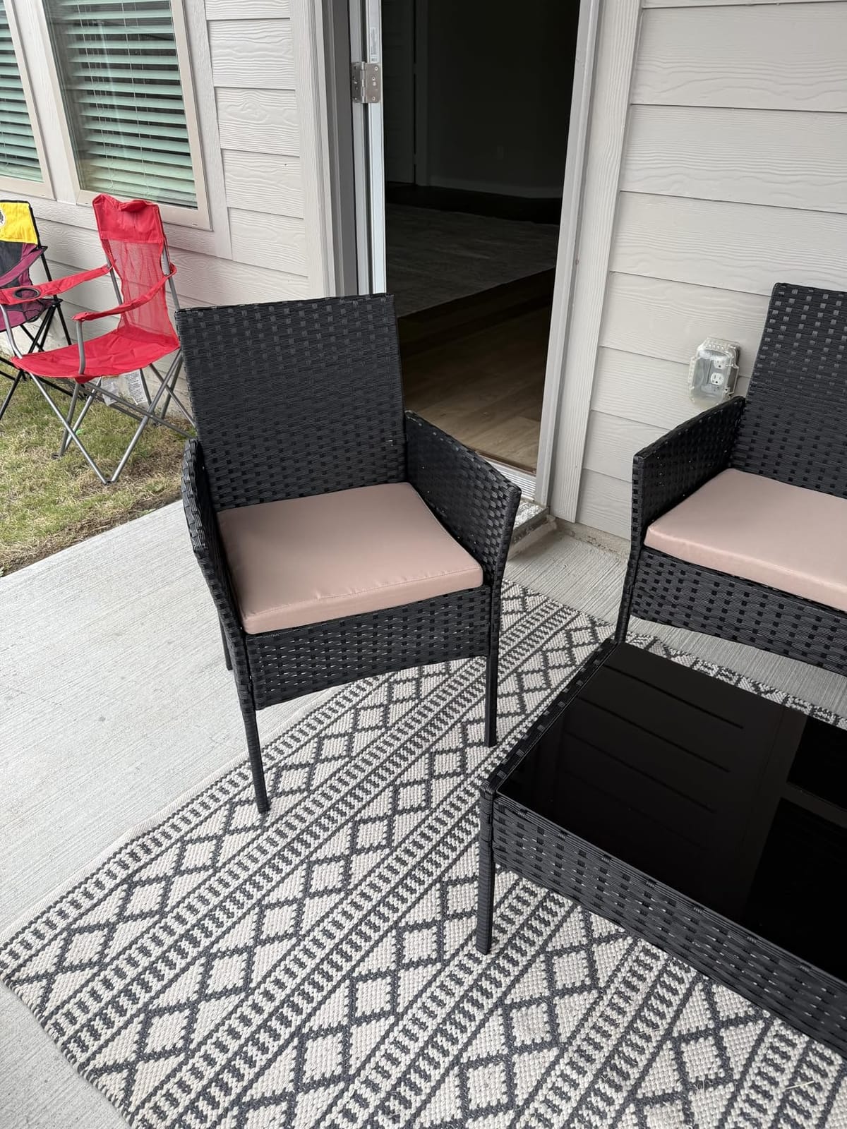 Gotland 4-Piece Outdoor Patio Furniture Set, Wicker Rattan Chairs & Sofa with Cushions and Glass Coffee Table, Conversation Set for Backyard, Lawn, Porch, Pool, Garden (Navy-2) customer photo 1