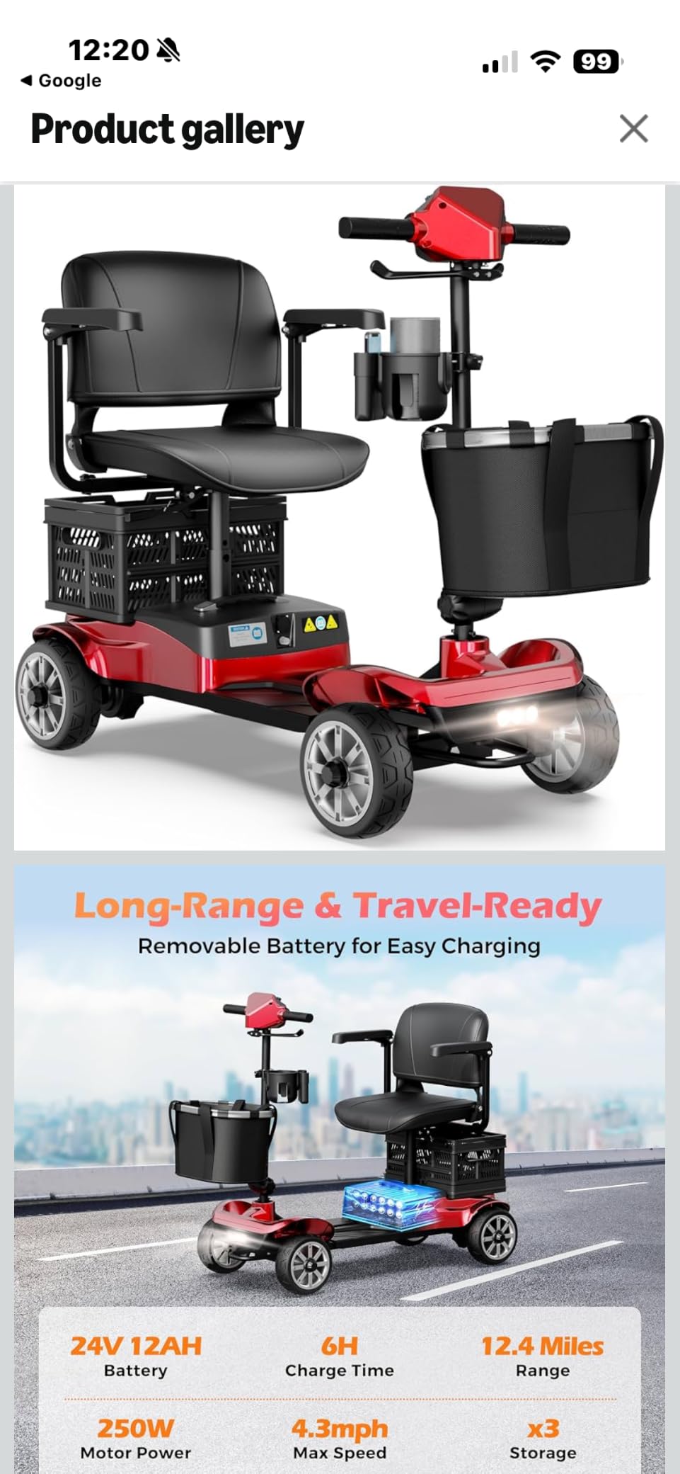 Foldable 4-Wheel Mobility Scooter for Adults – Portable Motorized Scooter with 330 lbs Capacity, Detachable Battery, Dual Baskets, Cup & Phone Holder, Blue customer photo 1