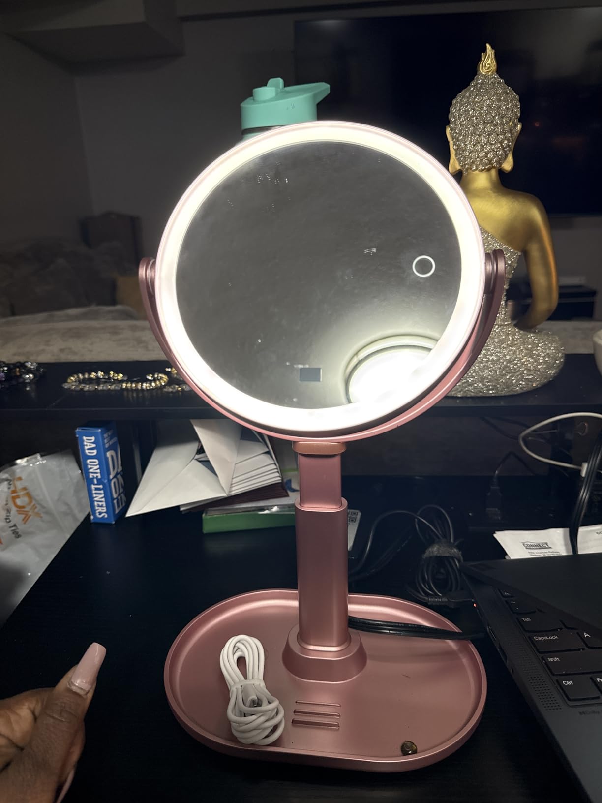 MIYADIVA Travel Makeup Mirror with Lights, Height Adjustable 30X/1X Double-Sided Magnifying Mirror, Portable Vanity Mirror with Digital Display & Phone Holder, Handheld Tabletop Hanging, Rose Gold customer photo 2