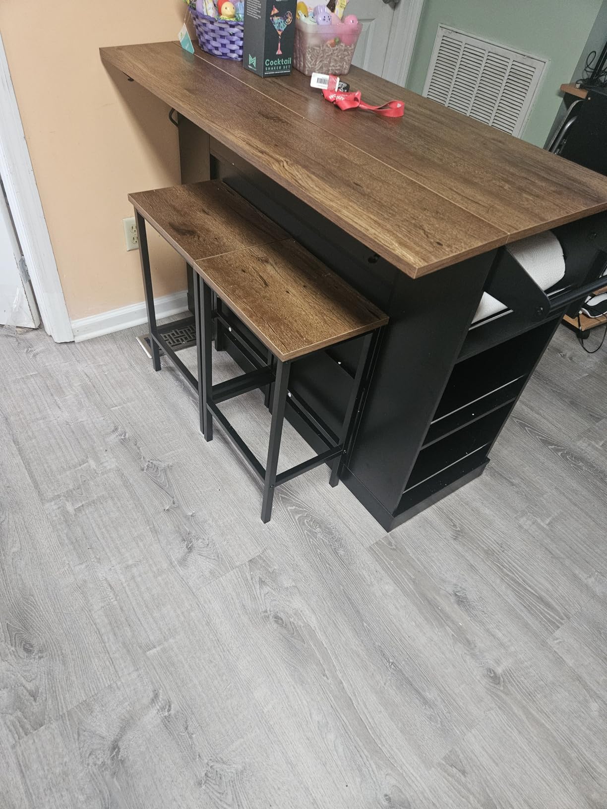 Keyluv Kitchen Storage Island with 2 Stools, 51” Mobile Kitchen Cart with Drop Leaf & Power Outlet, Rolling Island Table Dining Room Buffet with 2 Drawers & Side Storage Rack &Towel Rack, Black customer photo 1