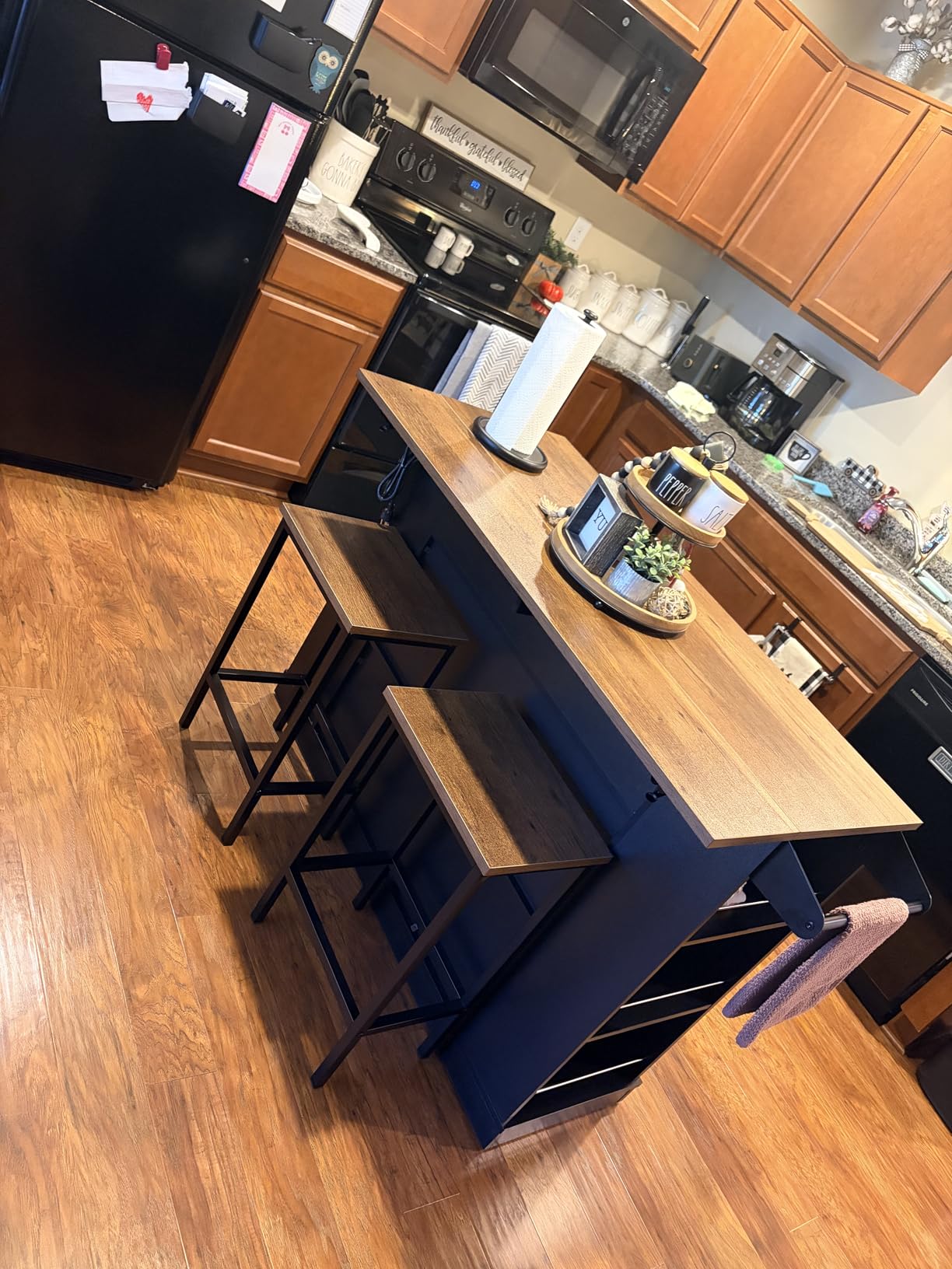 Keyluv Kitchen Storage Island with 2 Stools, 51” Mobile Kitchen Cart with Drop Leaf & Power Outlet, Rolling Island Table Dining Room Buffet with 2 Drawers & Side Storage Rack &Towel Rack, Black customer photo 2
