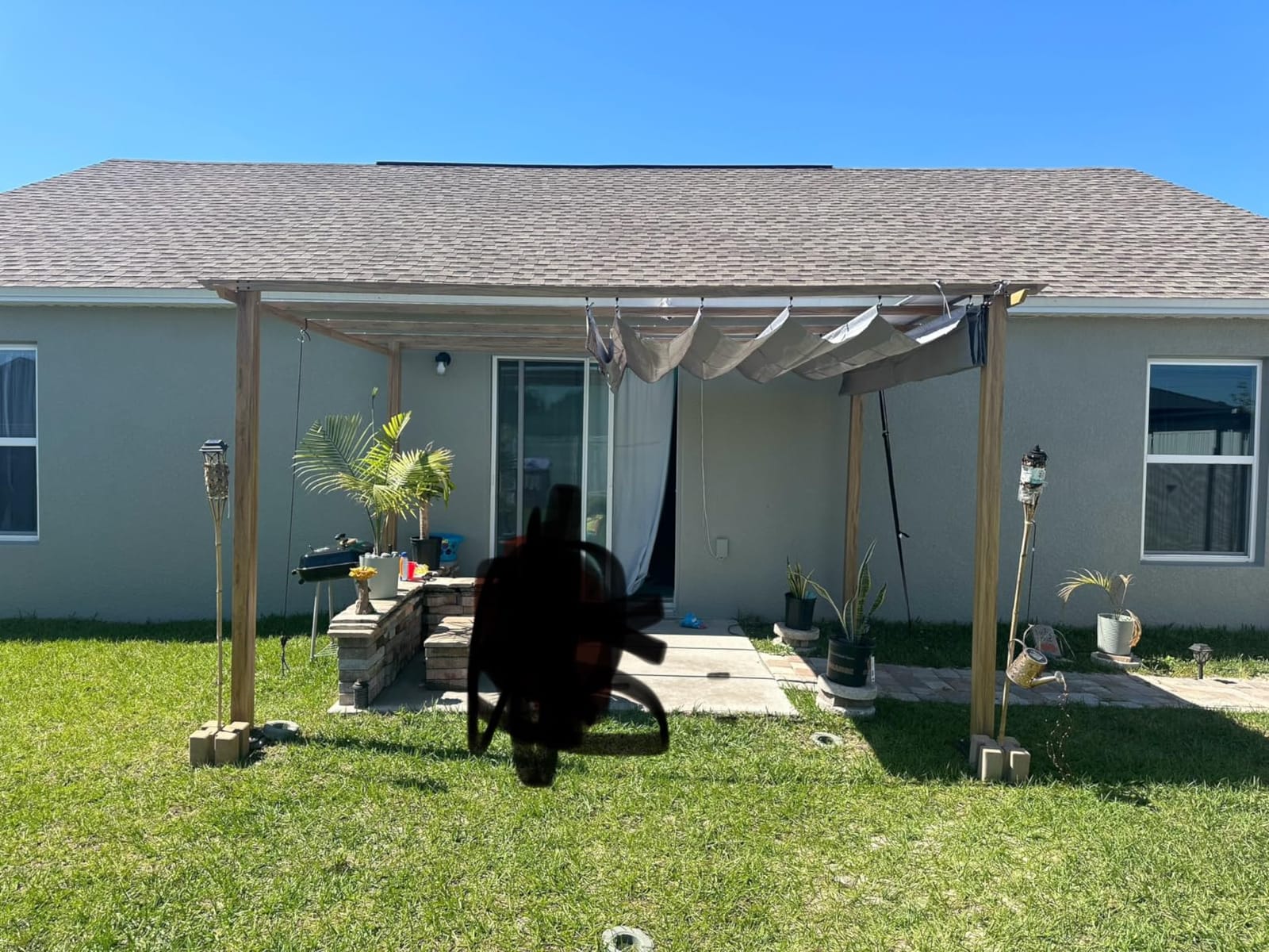 HAPPATIO 10' X 13' Wood-Grain Retractable Pergola with Sun Shade Canopy, Patio Aluminum Frame Shelter for Backyards, Gardens, Porch, Includes Ground Studs and Expansion Screws (Beige) customer photo 1