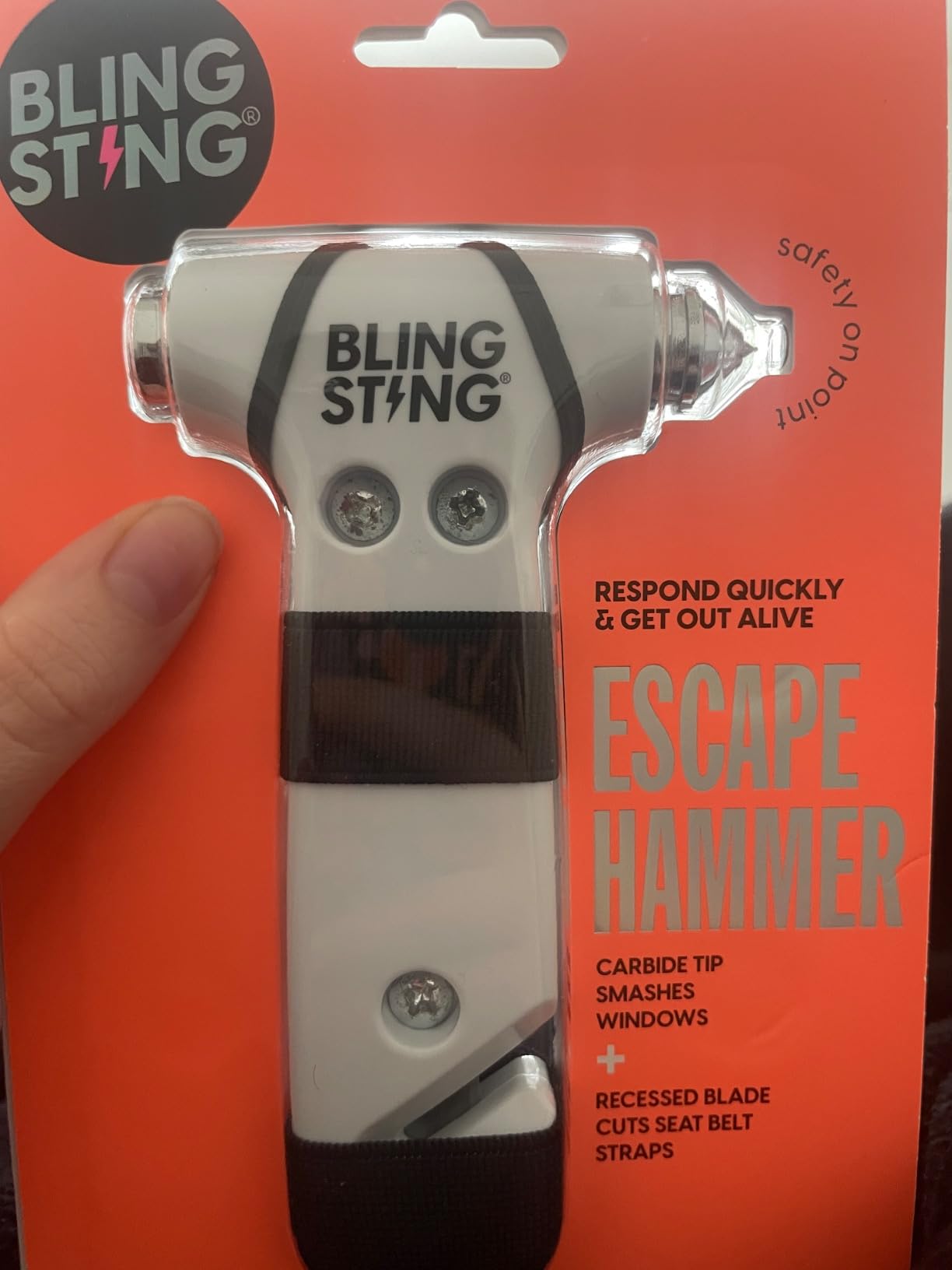 BLINGSTING Safety Hammer - Emergency Automotive Escape Tool with Window Breaker, Seat Belt Cutter & Adjustable Car Visor Strap - Tempered Glass Breaker - Steel Blade - White (1 Count) customer photo 2