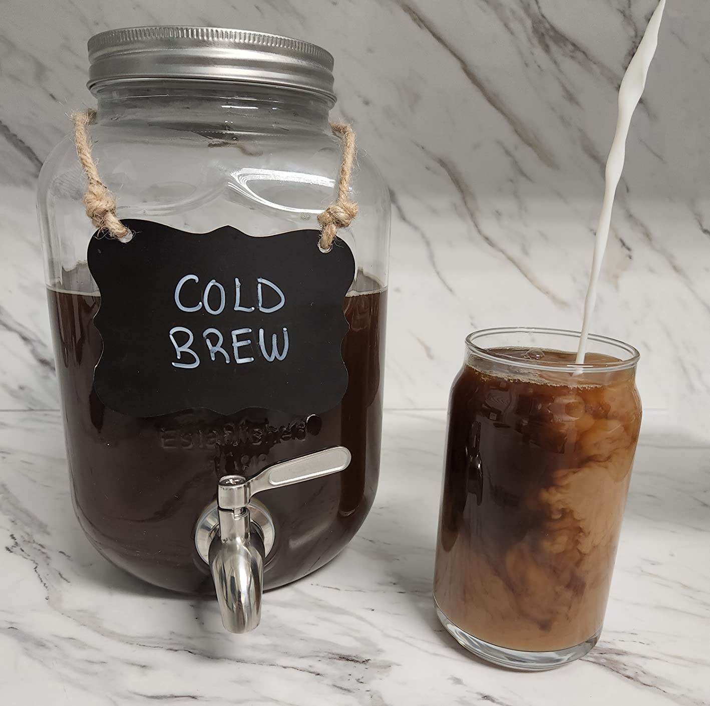 1 Gallon Cold Brew Coffee Maker - 3rd Generation Fine Mesh Filter - Stainless Steel Spigot - Extra Thick Large Glass Mason Jar Drink Dispenser Carafe, Iced Coffee Maker & Sun Tea Pitcher with Infuser. customer photo 2