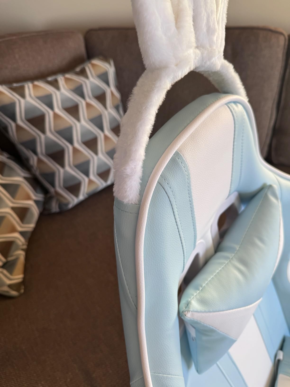 Ferghana Kawaii Light Blue Gaming Chair with Bunny Ears, Ergonomic Cute Gamer Chair with Footrest and Massage, Racing Reclining Leather Computer Game Chair 250lbs for Girls Adults Teens Kids customer photo 1