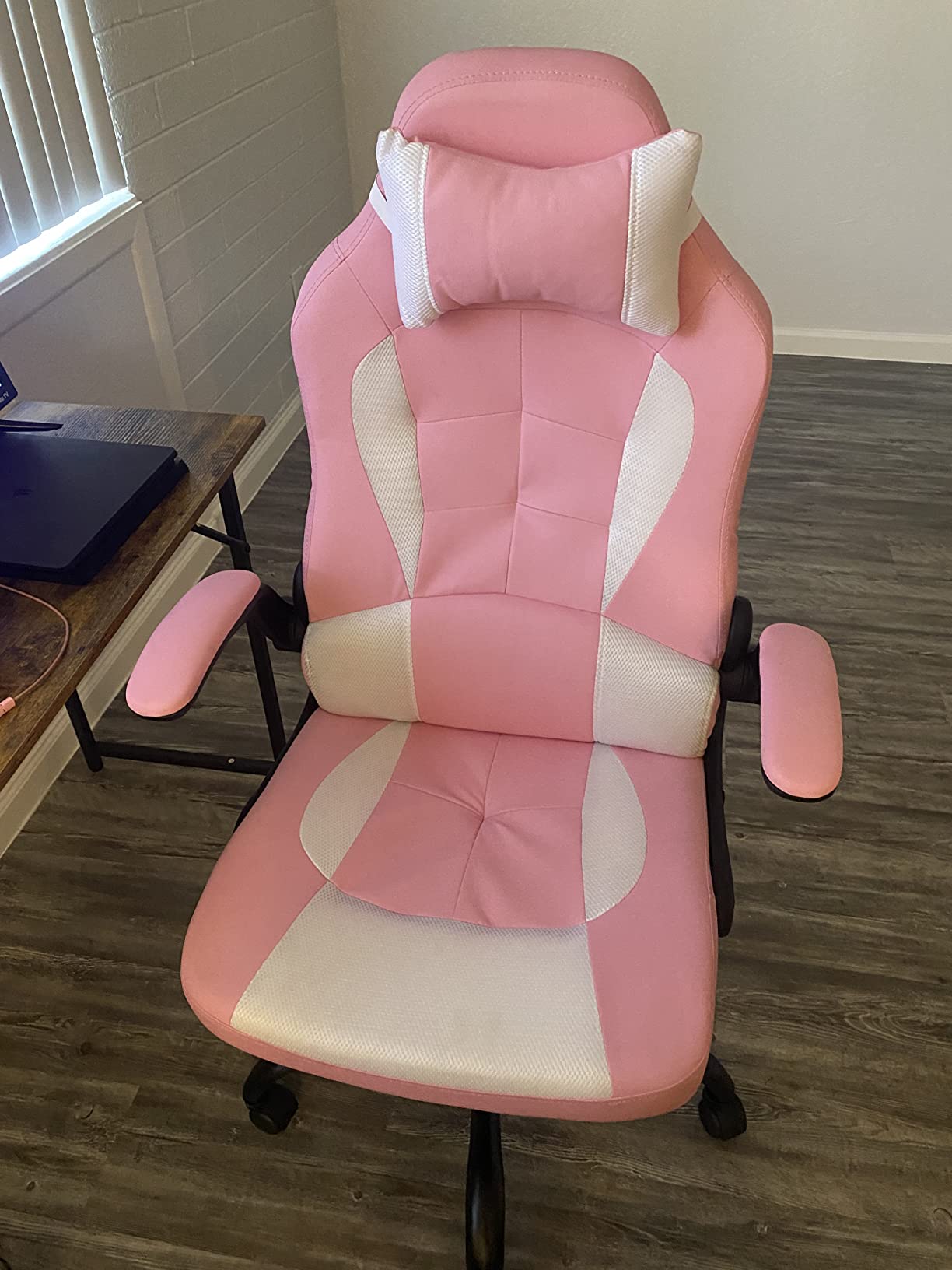 Pink Gaming Chair for Girls & Adults - Ergonomic High Back Office Desk Chair with Adjustable Lumbar Support, Flip-Up Arms & Headrest - PU Leather Swivel Computer Task Chair for Kids & Teens customer photo 2