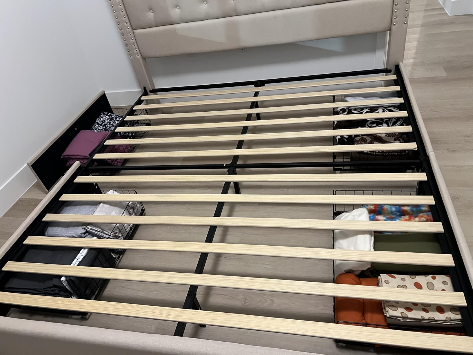 LARMACE King Size Bed Frame with 4 Storage Drawers and Tufted Headboard Linen Upholstered Platform Bed Frame with Heavy Duty Wood Slats, No Box Spring Needed, Easy Assembly, Beige customer photo 1