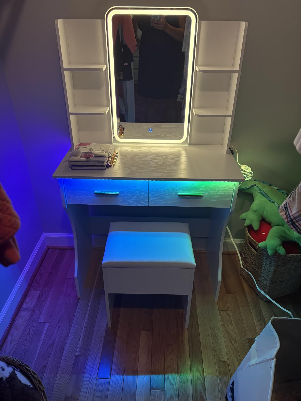 Vanity Desk with LED Lights Mirror & Power Outlet, Small Makeup Vanity Table Set with Storage Drawers & Chair, 3 Lighting Modes & Adjustable Brightness, Dressing Table for Women Girls Bedroom, White customer photo 1