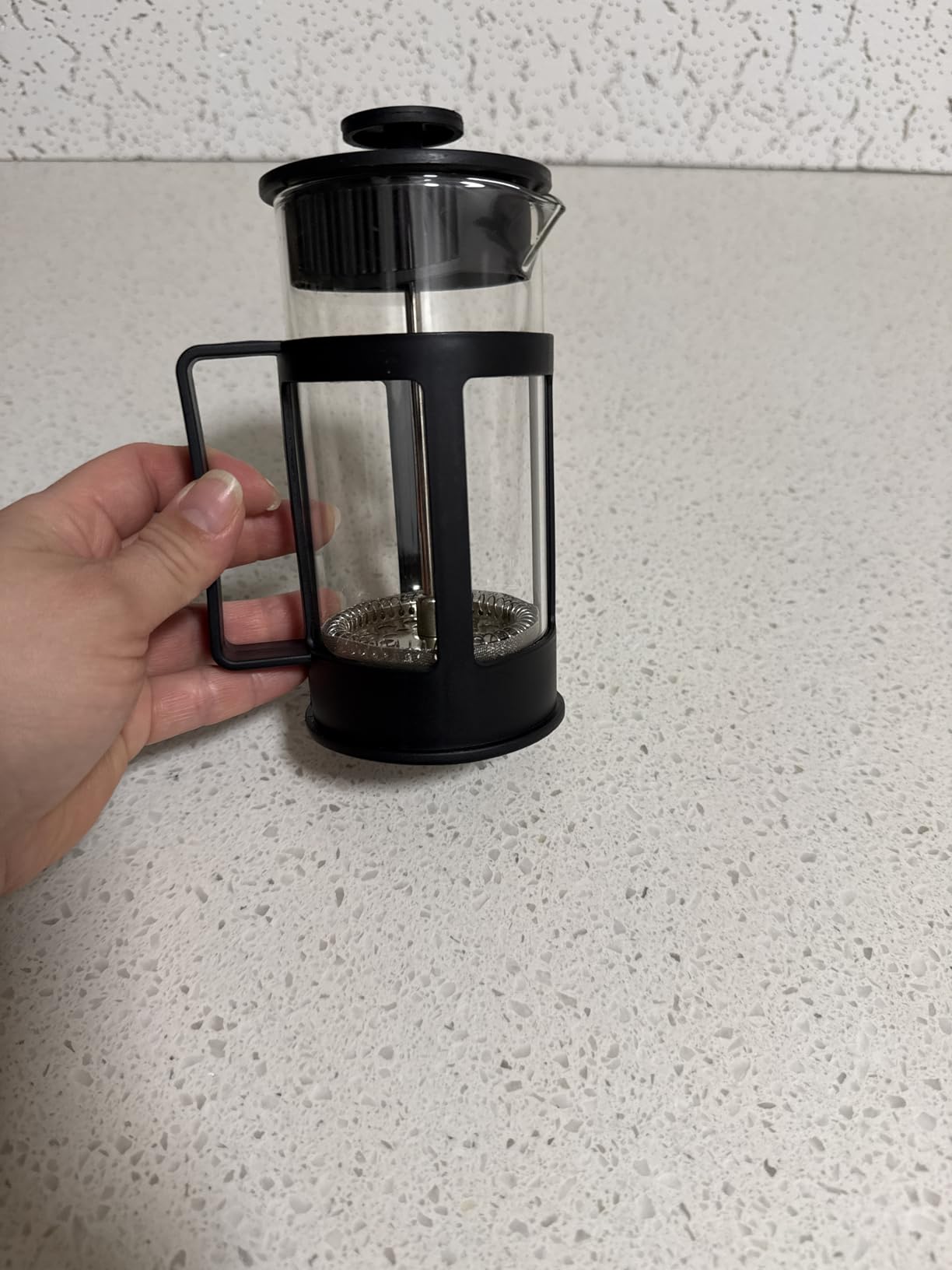 Chiallco Mini French Press Coffee Maker, Heat Resistant Thickened Borosilicate Classic Glass Stainless Steel Coffee Press, 12OZ Heat Cold Brew Coffee Pot Tea Press for Kitchen Travel Camping，Black customer photo 2