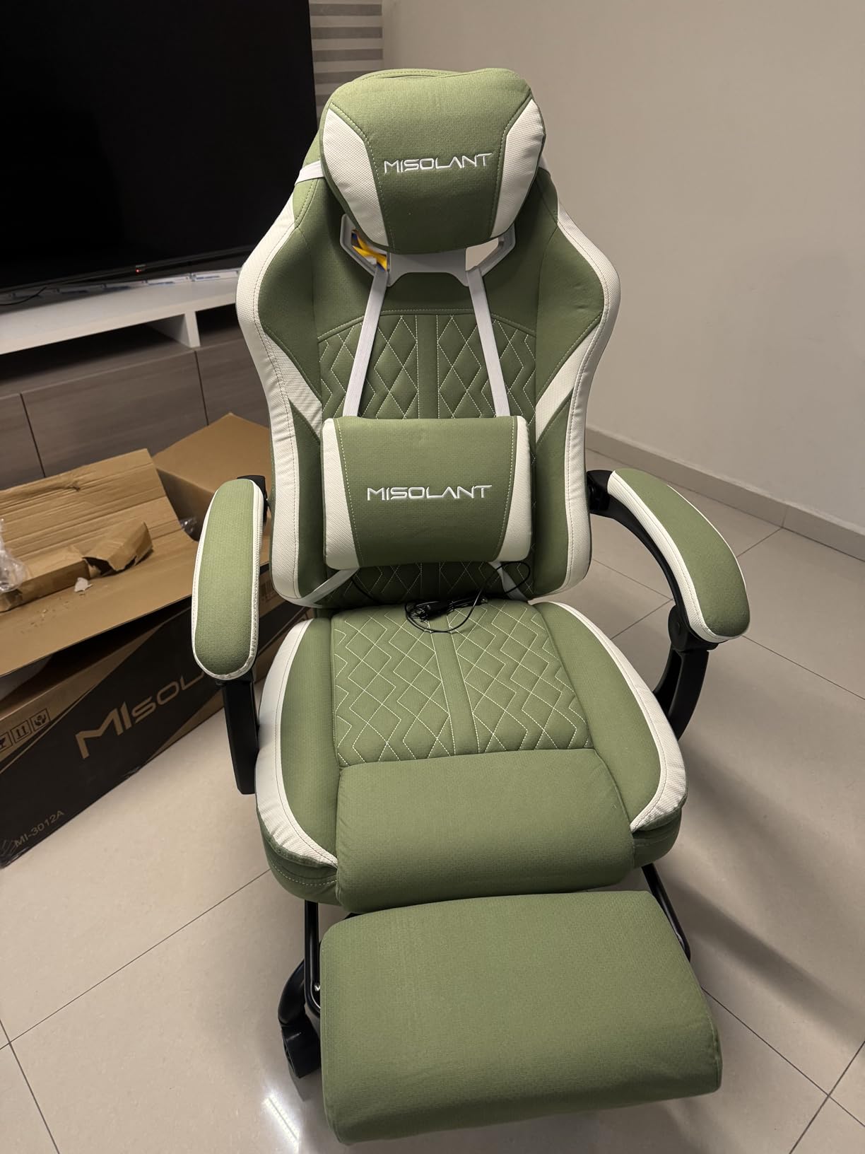Misolant Gaming Chair, Fabric Gamer Chair with footrest for Adults, High Back Ergonomic Computer Game Chair with Adjustable Headrest and Massage Lumbar Support, 90-155° Recline Free, Green customer photo 2