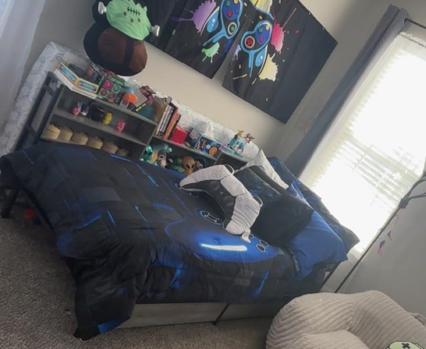 Corner Full Bed Frame with Bookcase Storage,2 Drawers & Led Lights,Oak Gray customer photo 1