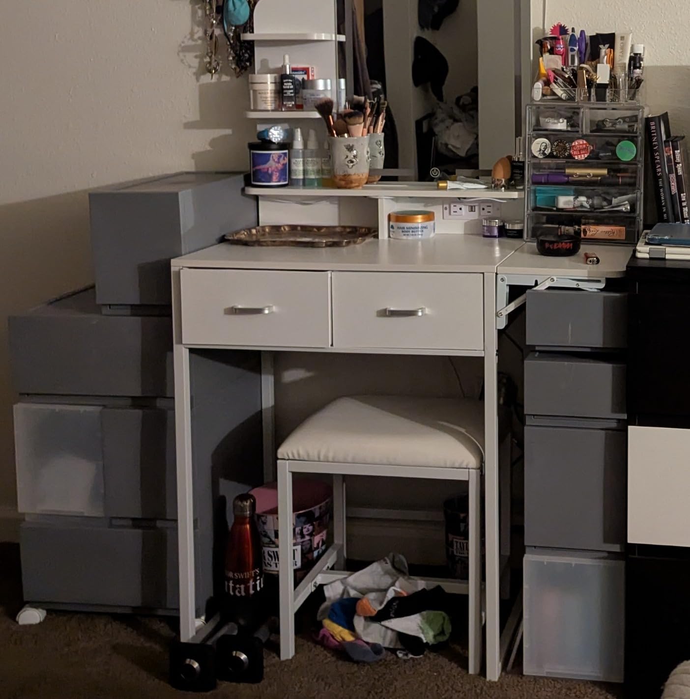 ALEXNUTRE Makeup Vanity Desk with Mirror and Lights, Small Vanity with Fabric Storage Drawer & Chair & Shelves, Vanity with Fold-up Panel and Power Outlet for Bedroom customer photo 1