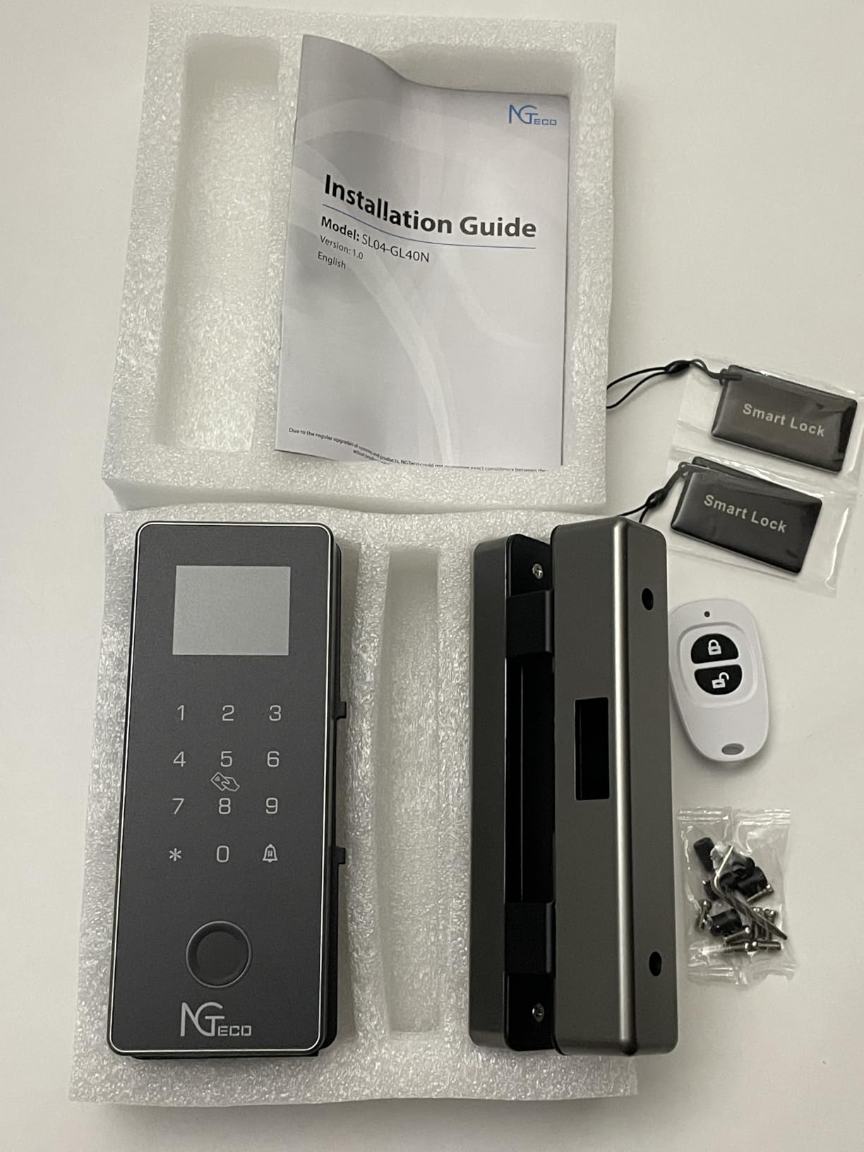 NGTeco Smart Glass Door Locks, 5 Unlock Ways Keyless Entry Gate Locks, Remote Control, Fingerprint, IC Card, Password, No Drill Door Locks for Home,Green House,Cabinet,Office customer photo 1