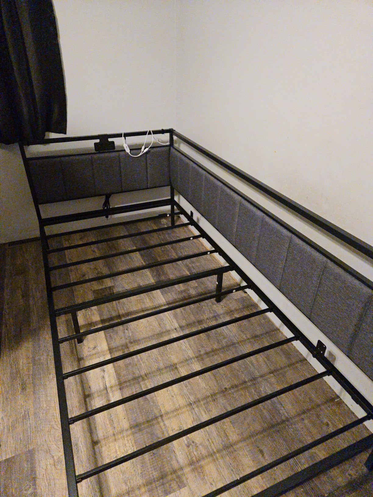 Hasuit Corner Bed Frame with Storage Drawers, Twin Daybed with Line Fabric Upholstered Fence, Kids Bed Unit with LED Light and Charging Station, Modern Bed Frame Twin Size, Beige customer photo 2